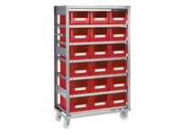 Mobile 6-shelf shelving rack c/w 18 bins
