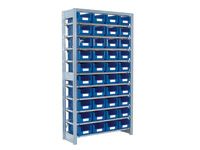 Shelving starter bay with 10 shelves c/w 40 bins